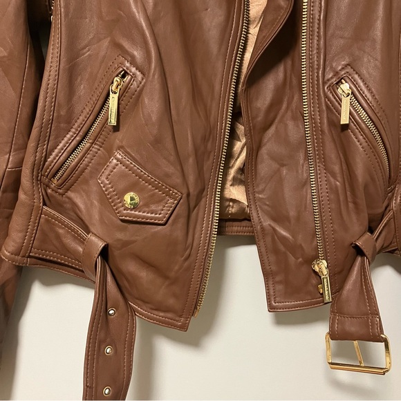 Michael Kors Biker 2 in 1 convertible vest brown leather jacket gold hardware - Picture 6 of 15
